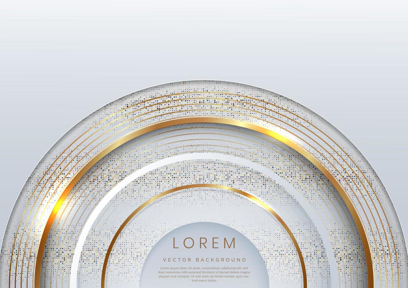 abstracte 3d witte en grijze halve cirkel patroon met gouden lijnen afgerond decor goud glinsterende lichte sparkle achtergrond met kopie ruimte voor tekst. vector