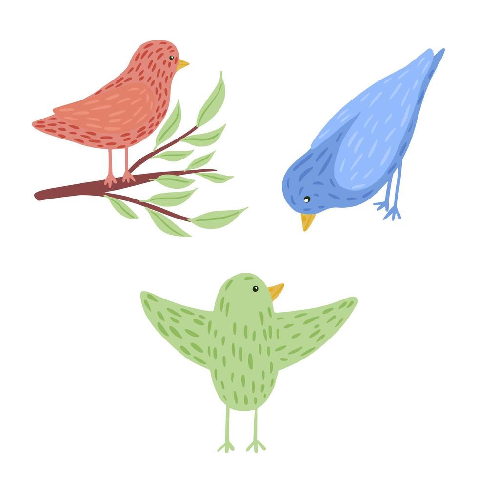 set vogels geïsoleerd op een witte achtergrond. schattig karakter op takje, pikken, vliegen, roze, blauw, groen. grappige vogels in doodle stijl. vector