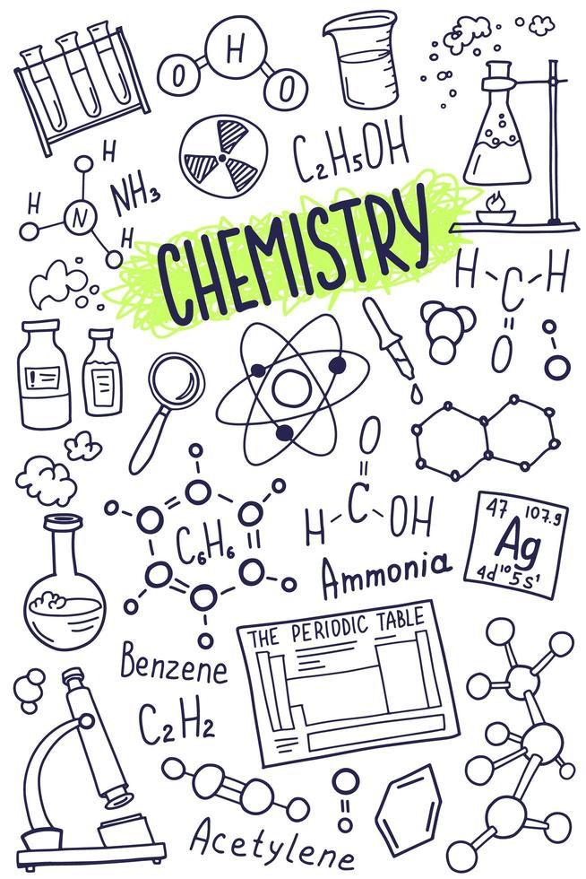 chemie symbolen pictogramserie. wetenschap onderwerp doodle ontwerp. onderwijs en studie concept. terug naar school schetsmatige achtergrond voor notebook, niet pad, schetsboek. vector
