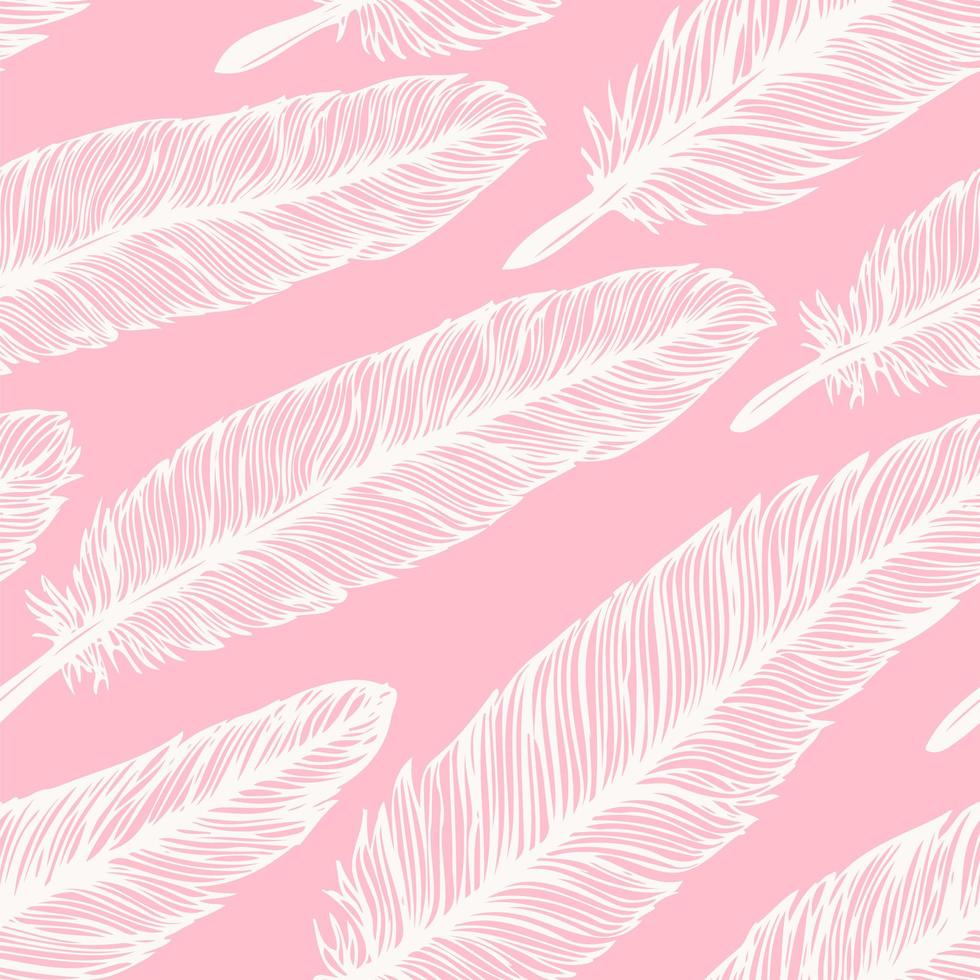 veer naadloos patroon. hand getekende achtergrond met witte doodle veren op roze. decoratief ontwerp. vector