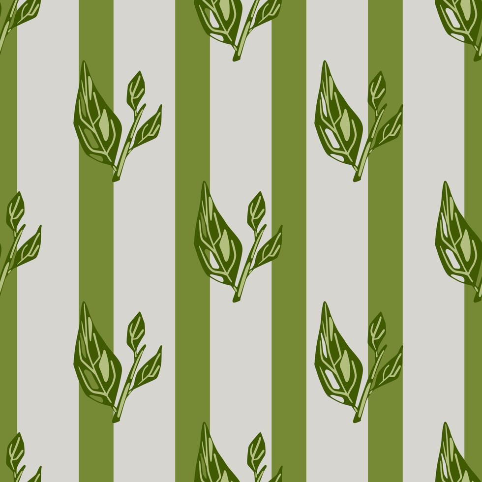 abstract botanisch naadloos patroon met voorgevormde bladtakken. gestreepte grijze en groene achtergrond. vector