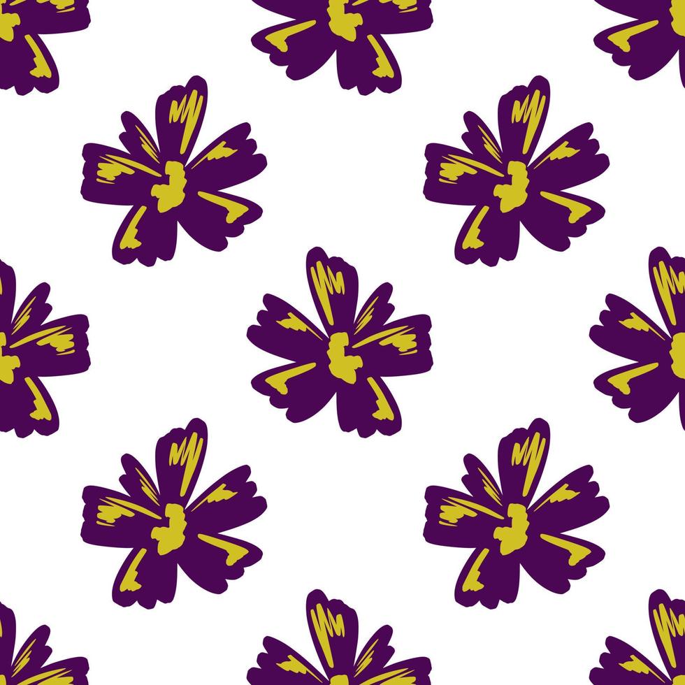 geïsoleerd naadloos hand getrokken patroon met heldere paarse bloemenelementen. witte achtergrond. vector