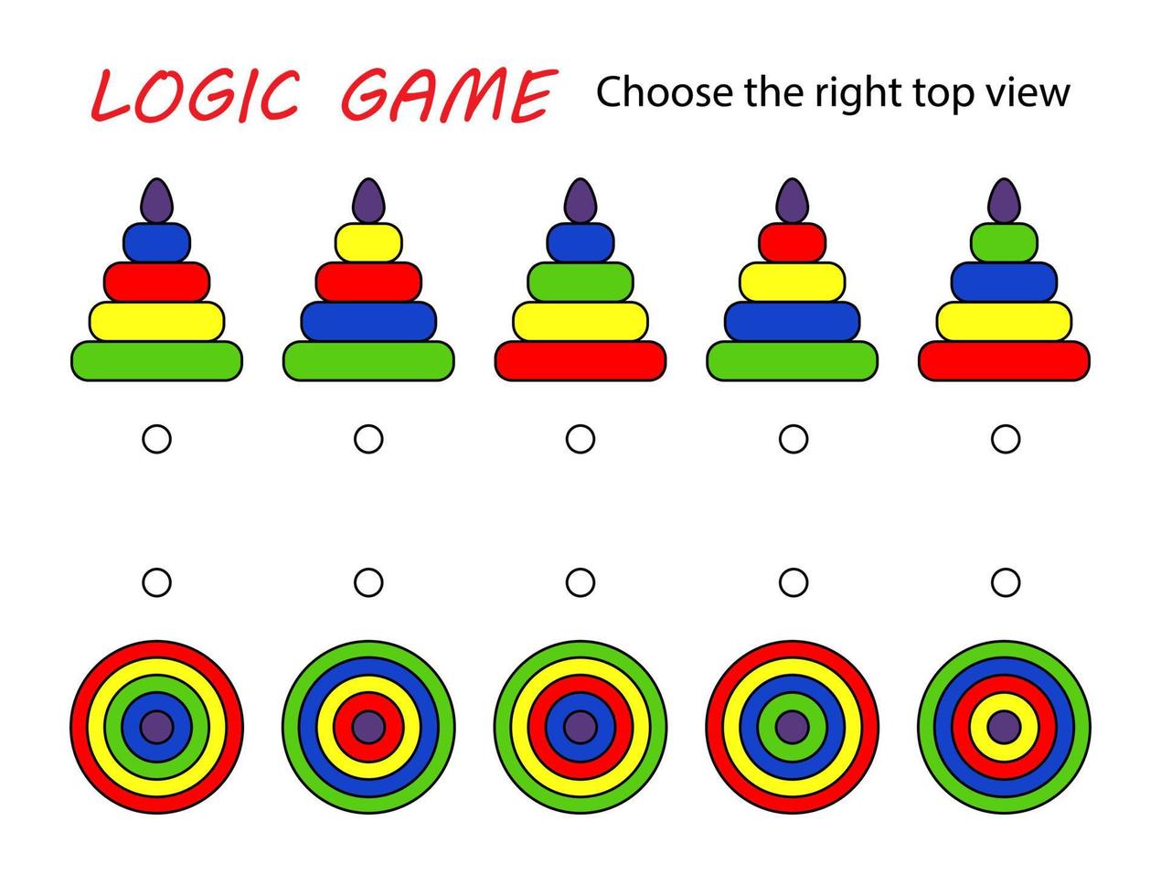 logisch spel bovenaanzicht speelgoedpiramide. onderwijskaart voor kinderen. vector
