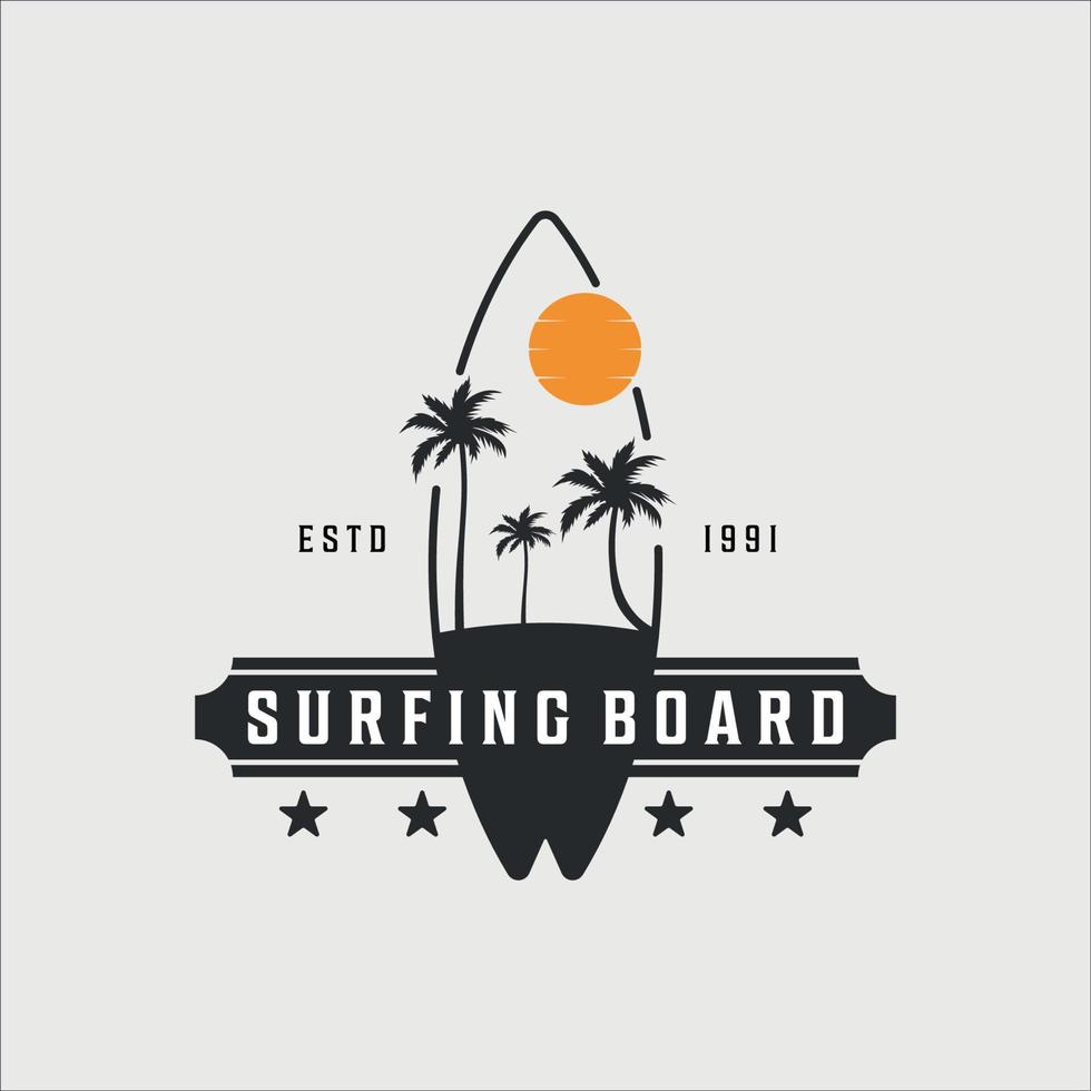 surfen strand logo vintage vector illustratie pictogram sjabloonontwerp. paradijssymbool retro met zonsondergang