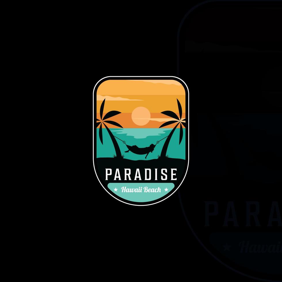 strand of paradijs met hangmat embleem logo moderne vintage vector illustratie sjabloon pictogram grafisch ontwerp. palm of kokospalm bij het buitenteken of symbool voor reisavontuur