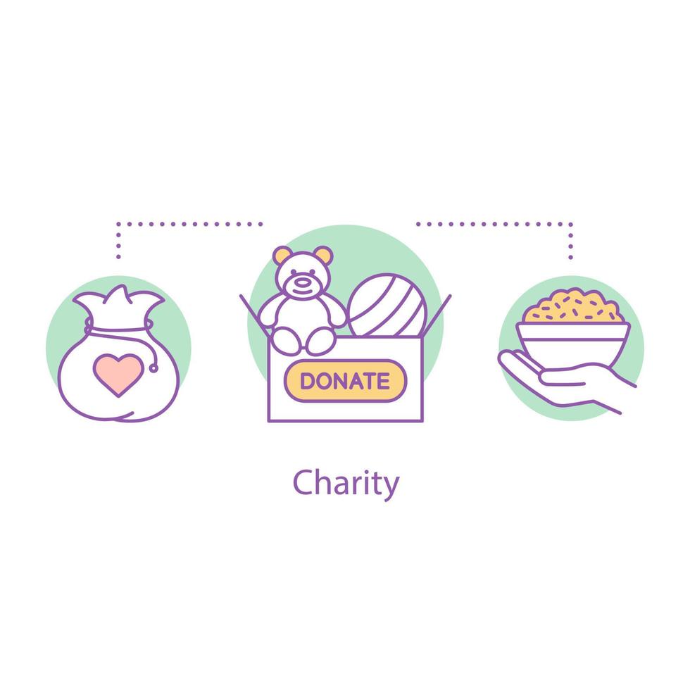 liefdadigheid concept icoon. vrijwilligerswerk idee dunne lijn illustratie. speelgoed, voedseldonatie. liefdadigheidsinstelling. vector geïsoleerde overzichtstekening