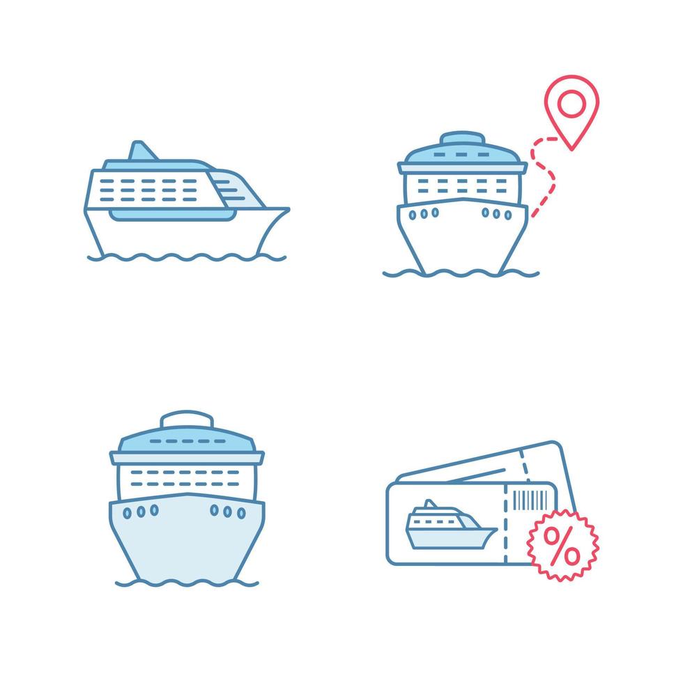 cruise gekleurde pictogrammen instellen. zomer reis. reisbureau. goedkope cruise deal, reisroute, schepen voor en zijaanzichten. geïsoleerde vectorillustraties vector