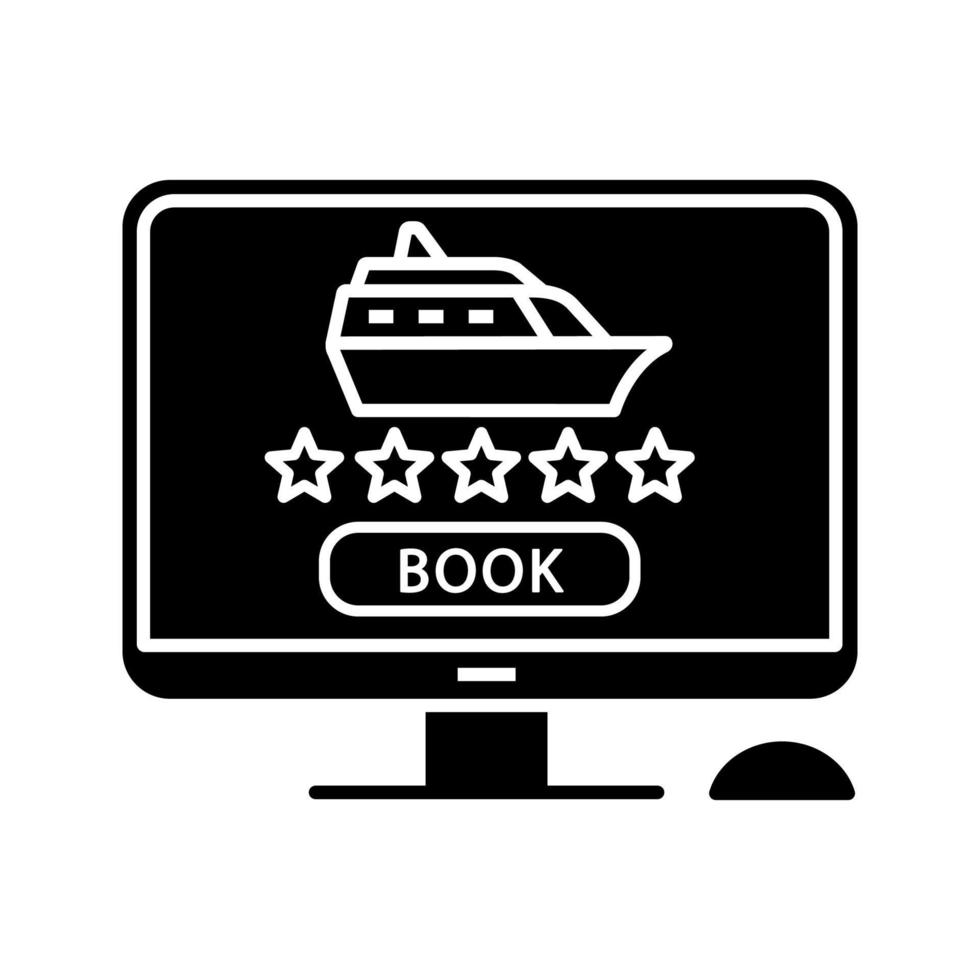 online cruise boeken glyph icoon. beoordeling van internetreisbureaus. cruise deal zoeken. reis, reisplanning. silhouet symbool. negatieve ruimte. vector geïsoleerde illustratie