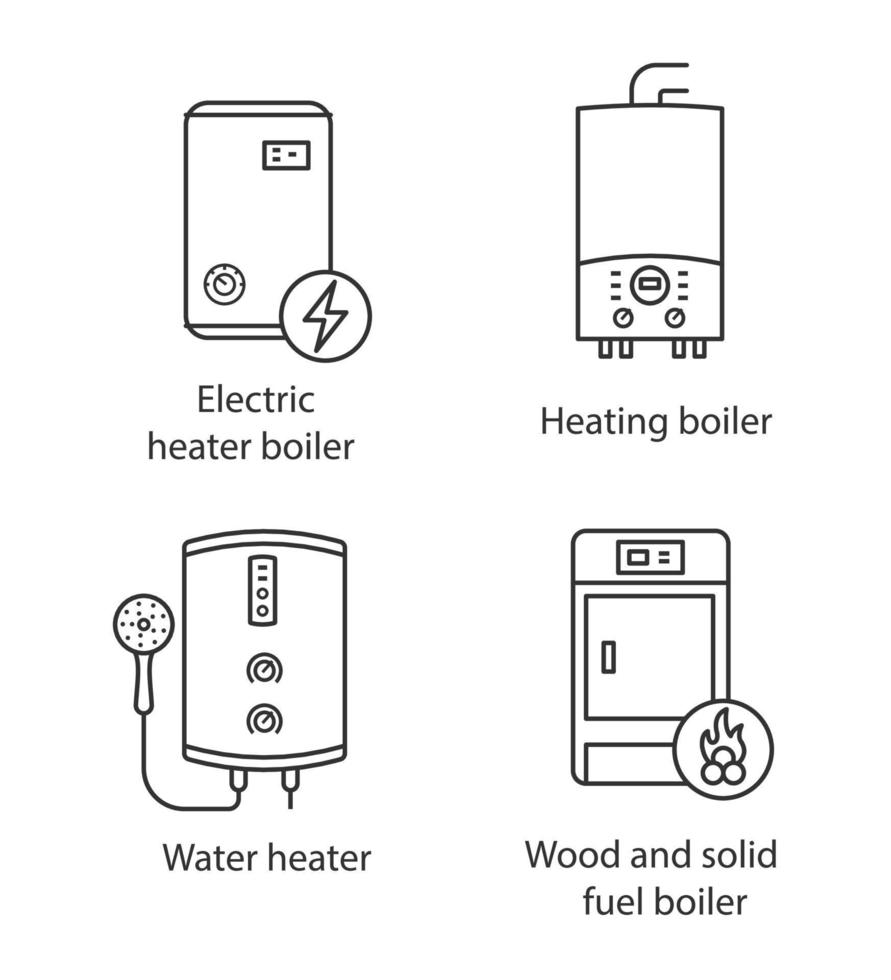 verwarming lineaire pictogrammen instellen. elektrische boiler, gas en elektrische tankless boiler, vaste brandstof boiler. dunne lijn contour symbolen. geïsoleerde vectoroverzichtsillustraties. bewerkbare streek vector