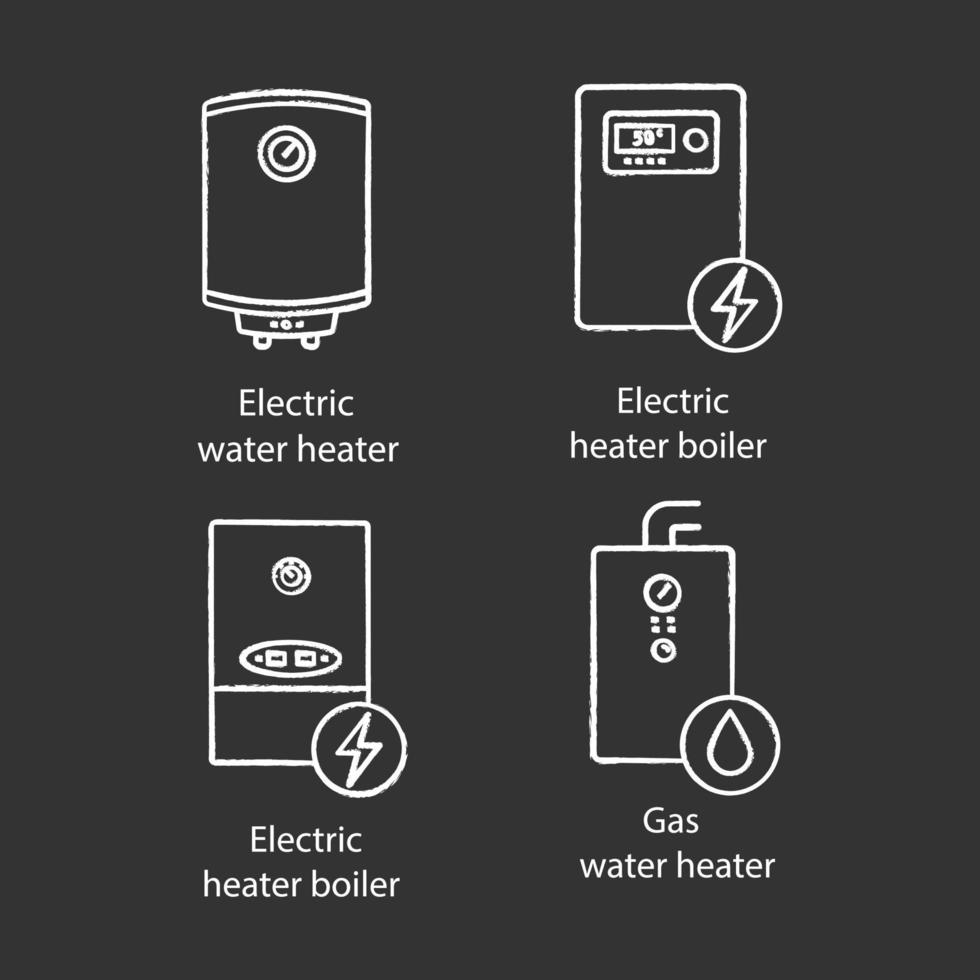 verwarming krijt pictogrammen instellen. centrale verwarmingsinstallatie. elektrische en gasboiler en verwarmingsketels. geïsoleerde vector schoolbord illustraties