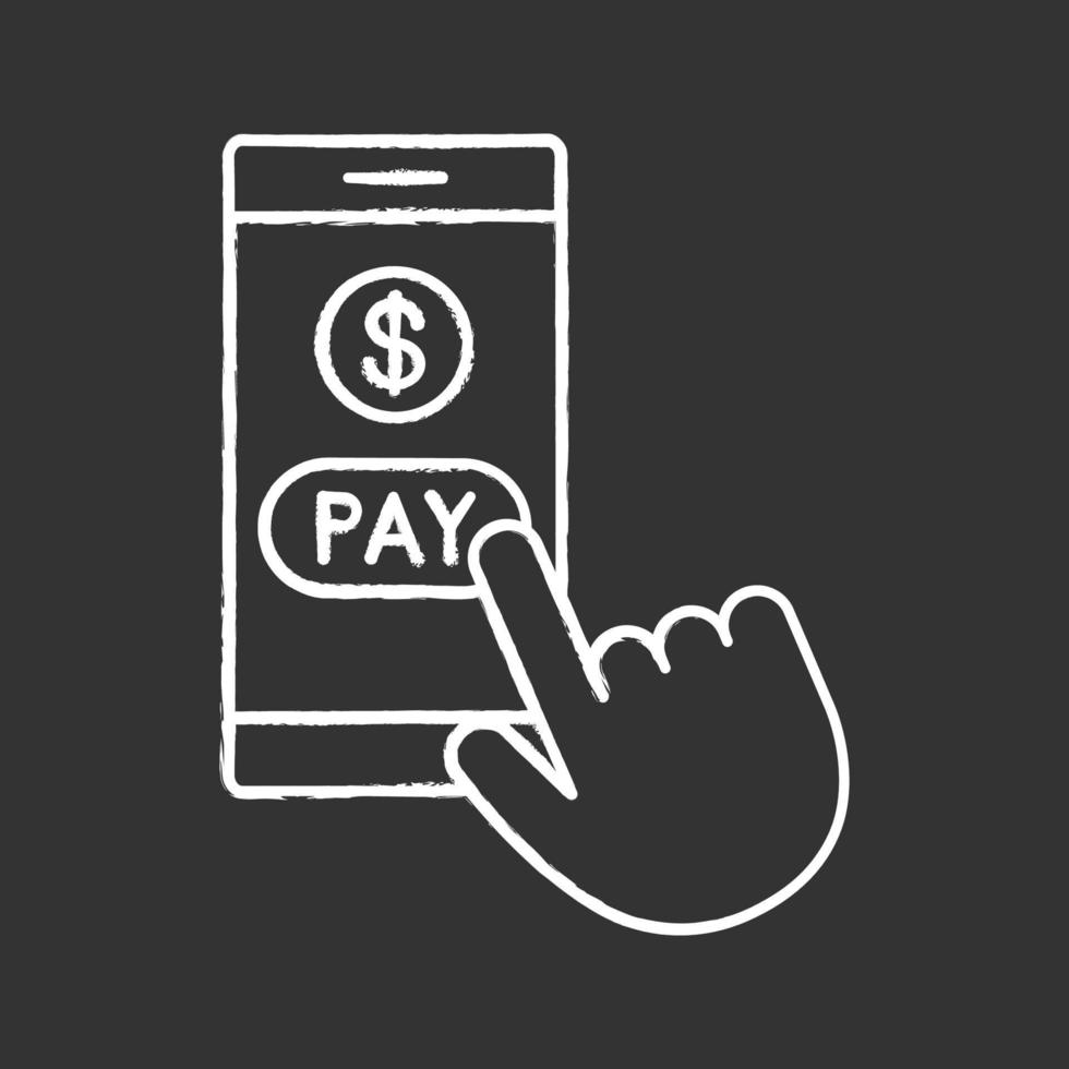 online betaling krijt icoon. e-betaling. digitale aankoop. smartphone-app voor girale betalingen. hand op de betaalknop drukken. geïsoleerde vector schoolbordillustratie