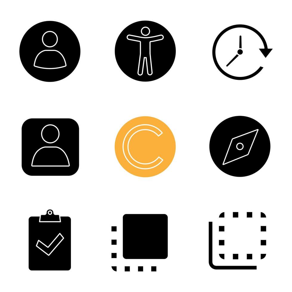 ui ux glyph-pictogrammen ingesteld. userpic, toegankelijkheid, update, gebruikersaccount, copyright, tool verkennen, opdracht ingeleverd, naar achteren en naar voren bladeren. silhouet symbolen. vector geïsoleerde illustratie