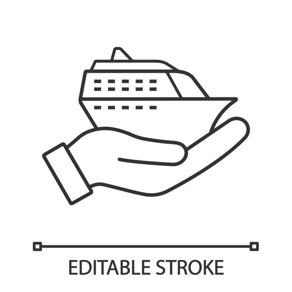 cruise service lineaire pictogram. hand met cruiseschip. dunne lijn illustratie. excursies aan wal, rondleidingen en reisbureaus. reis plannen. contour symbool. vector geïsoleerde overzichtstekening. bewerkbare streek