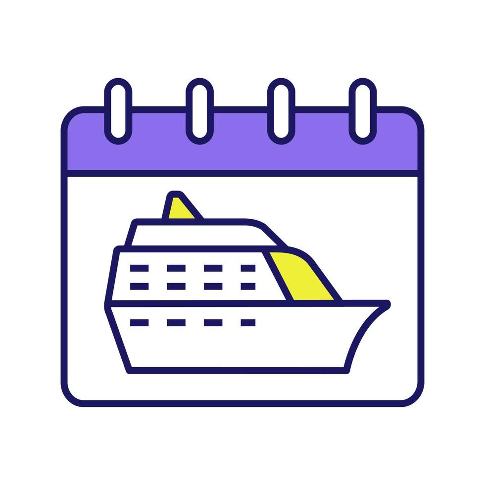 cruise vertrekdatum kleur pictogram. vakantie cruise. kalenderpagina met schip. zomer reizen, reisschema, dienstregeling. reisschema. geïsoleerde vectorillustratie vector