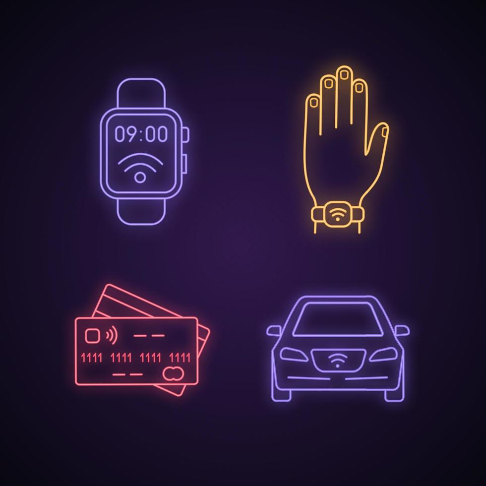 nfc technologie neonlicht iconen set. near field smartwatch, armband, creditcards, auto. gloeiende borden. geïsoleerde vectorillustraties vector