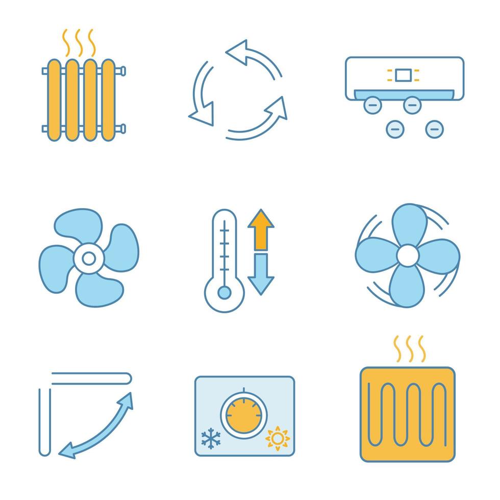 airconditioning gekleurde pictogrammen instellen. radiator, ventilatie, ionisator, afzuigventilator, ventilator, klimaatbeheersing, lamellen, thermostaat, verwarmingselement. geïsoleerde vectorillustraties vector