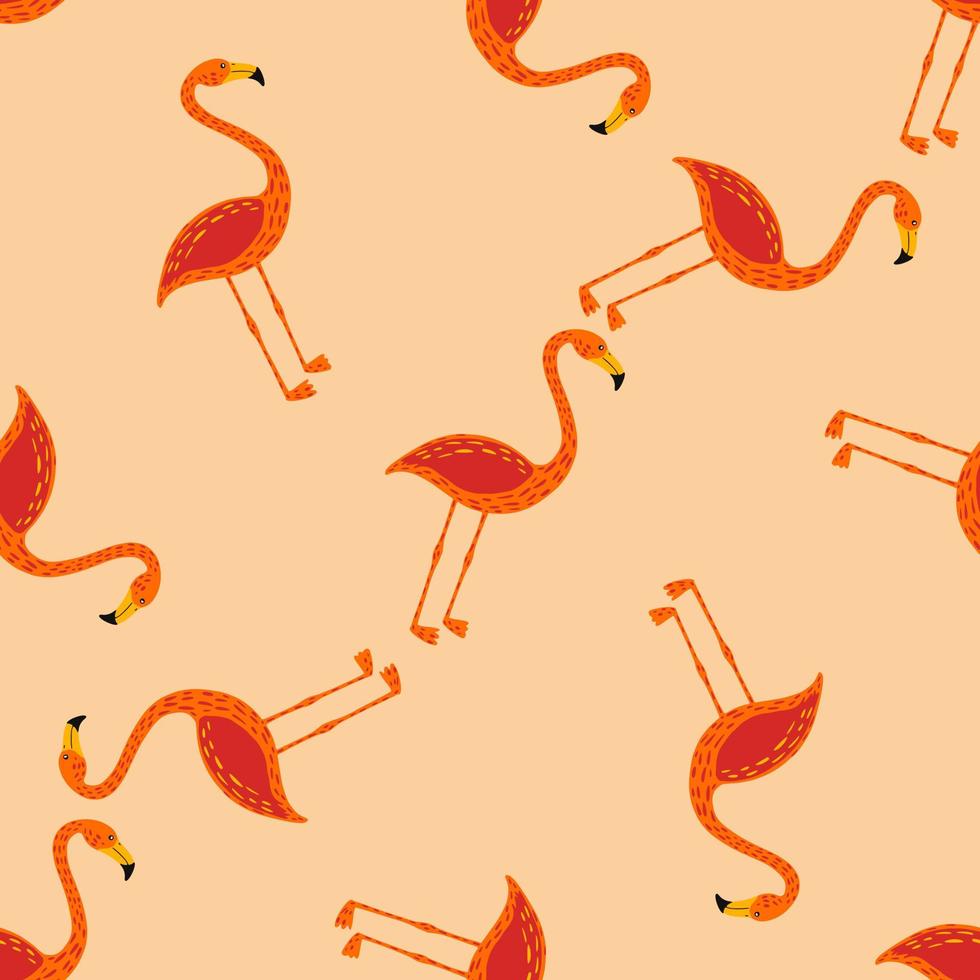 creatief naadloos patroon met oranje willekeurig flamingoornament. roze pastelachtergrond. natuur afdrukken. vector