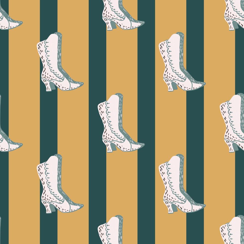 accessoire naadloze doodle patroon met witte vrouwen laarzen sieraad. beige en blauw gestreepte achtergrond. vector