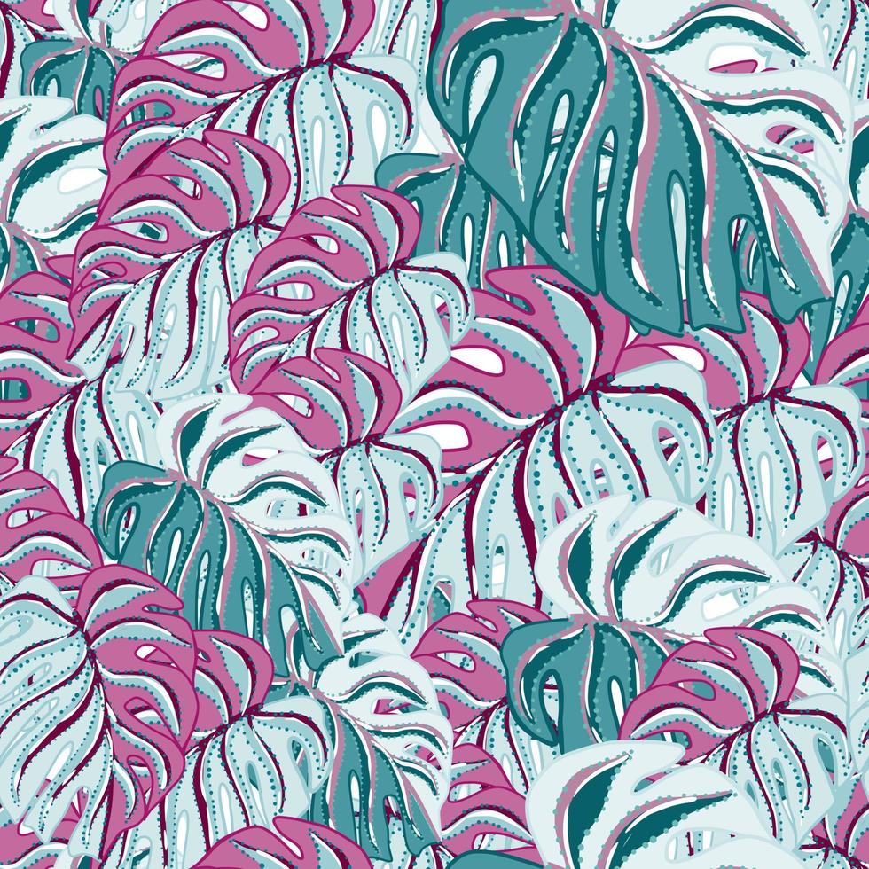 abstracte hand getekende naadloze patroon met lila en blauwe heldere tropische monstera bladeren sieraad. vector