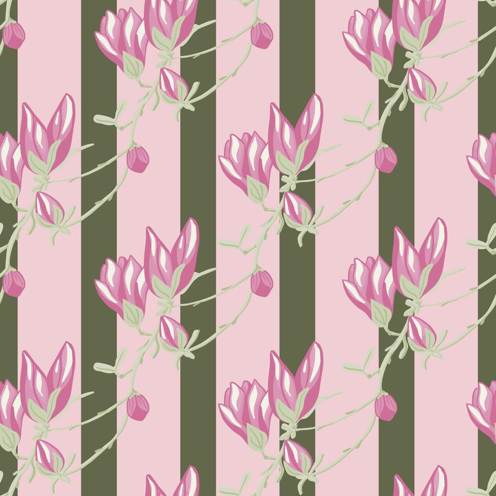 naadloze patroon magnolia's op strip roze groene achtergrond. mooi ornament met lentebloemen. vector