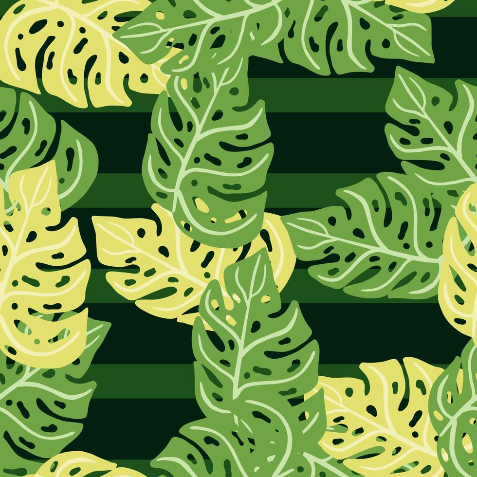 willekeurig abstract tropisch naadloos patroon met groene en gele gekleurde monstera-elementen. gestreepte achtergrond. vector