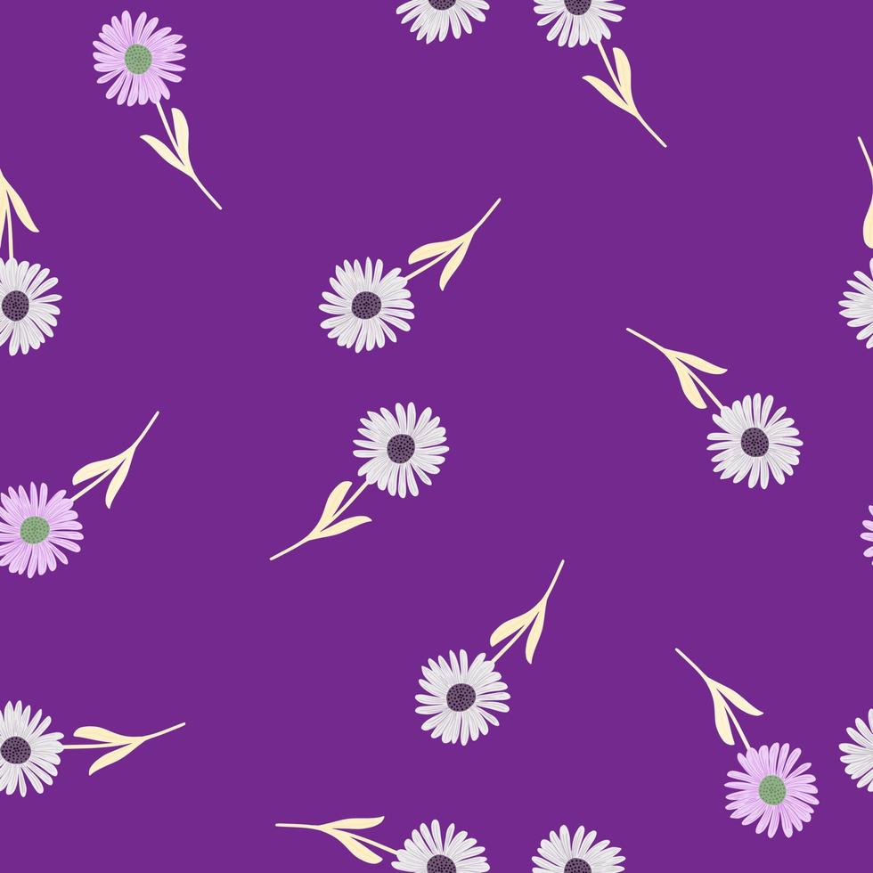 chrysant silhouetten naadloze patroon in de hand getrokken doodle stijl. willekeurige print met paarse achtergrond. vector