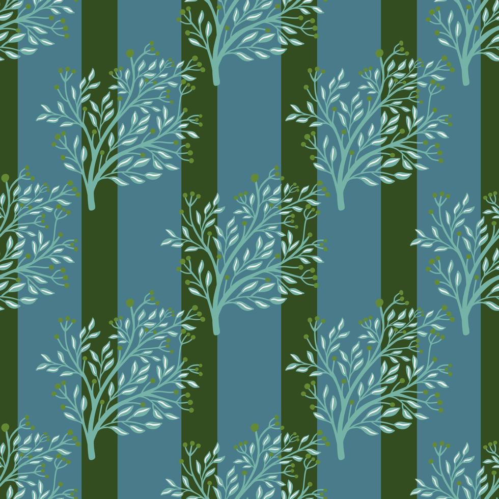 vintage naadloze patroon met struik silhouetten doodle print. blauwe en groene gestreepte achtergrond. vector