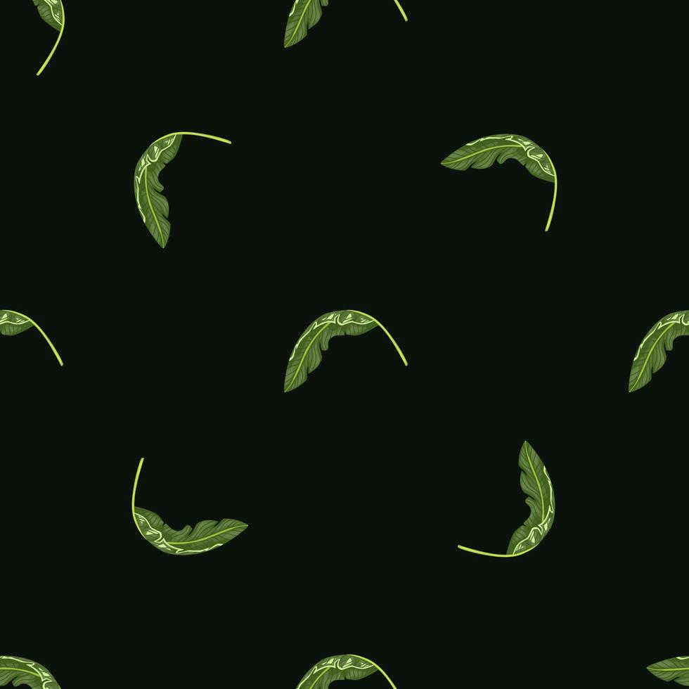 minimalistisch plantkunde naadloos patroon met kleine groene tropische bladerenvormen. zwarte achtergrond. vector