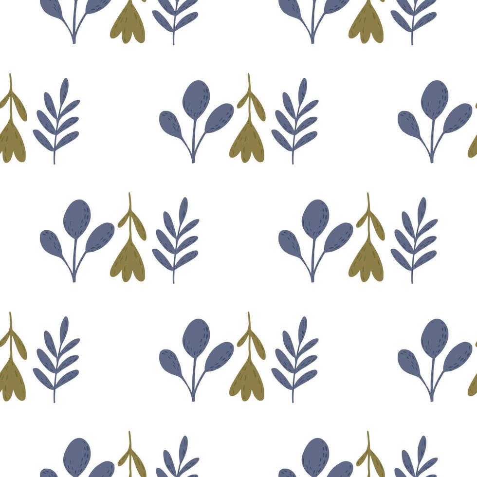 marineblauw en groen natuur botanische silhouetten naadloze patroon. geïsoleerde bloemenprint met bladeren en takken op een witte achtergrond. vector