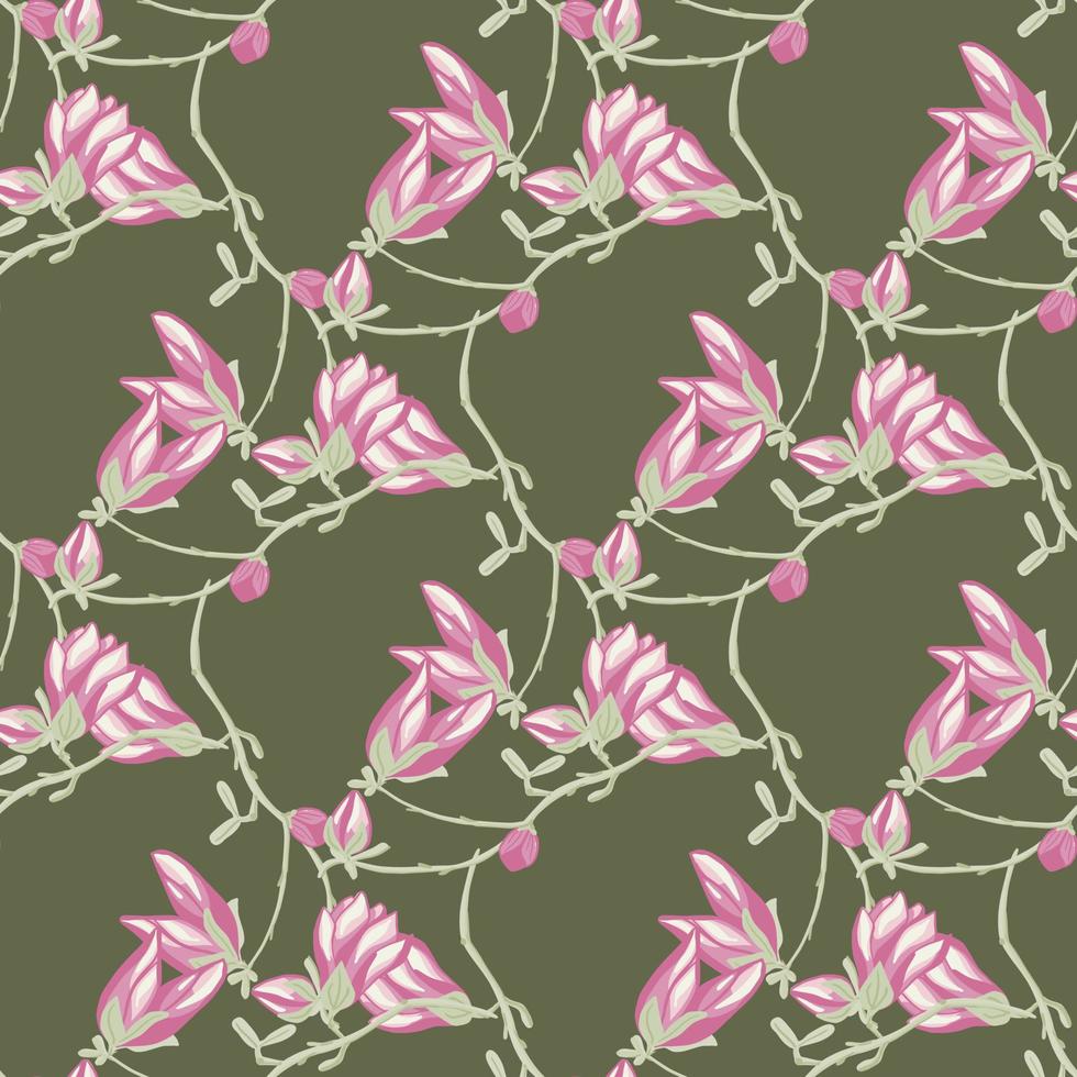 naadloze patroonmagnolia's op groene achtergrond. mooi ornament met roze bloemen. vector