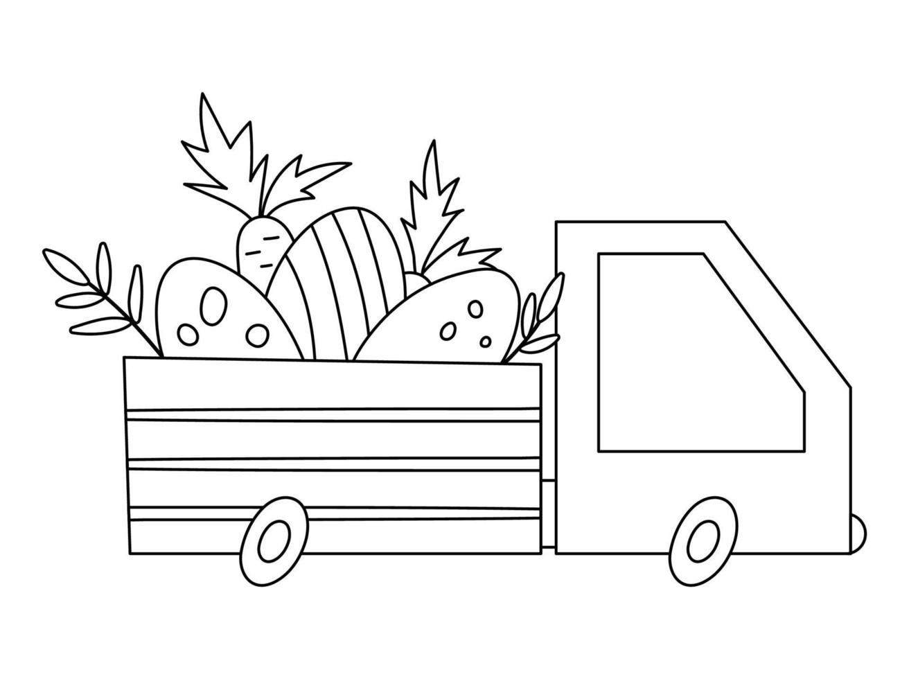 vector zwart-wit Pasen overzicht vrachtwagen icoon met eieren en wortelen. auto met vakantie presenteert geïsoleerd op een witte achtergrond. schattige schattige lente transport illustratie voor kinderen.