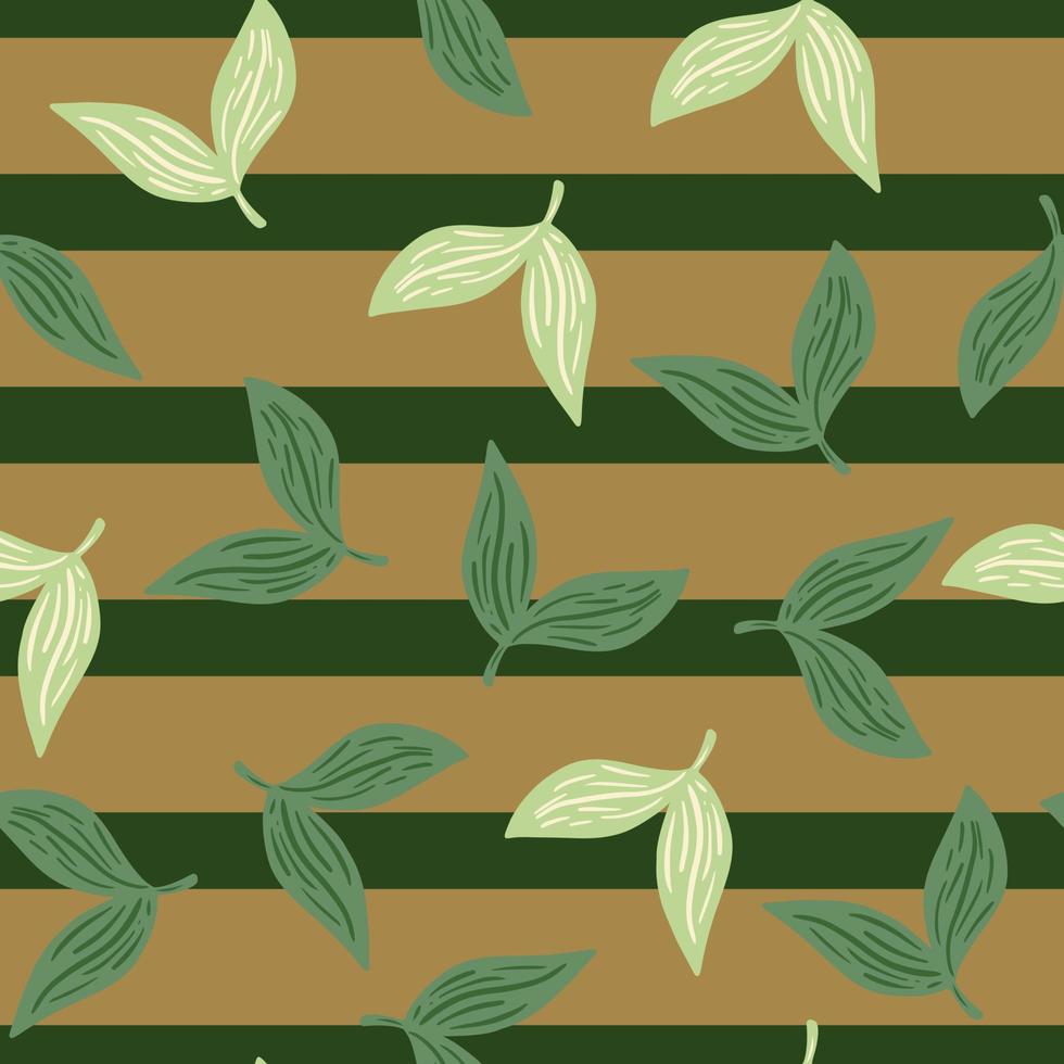decoratief naadloos patroon met doodle willekeurige witte en groene bladeren silhouetten. beige gestreepte achtergrond. vector