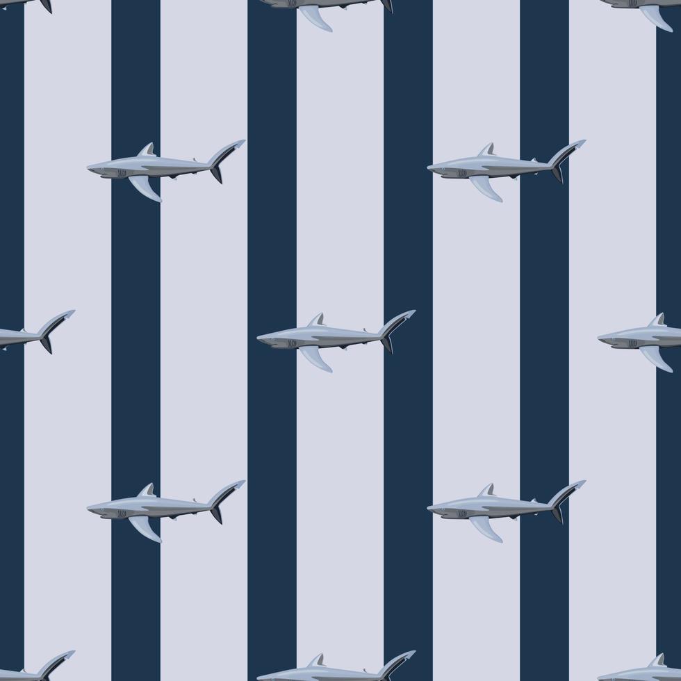 naadloze patroon blauwe haai op gestreepte grijze zwarte achtergrond. textuur van zeevissen voor elk doel. vector