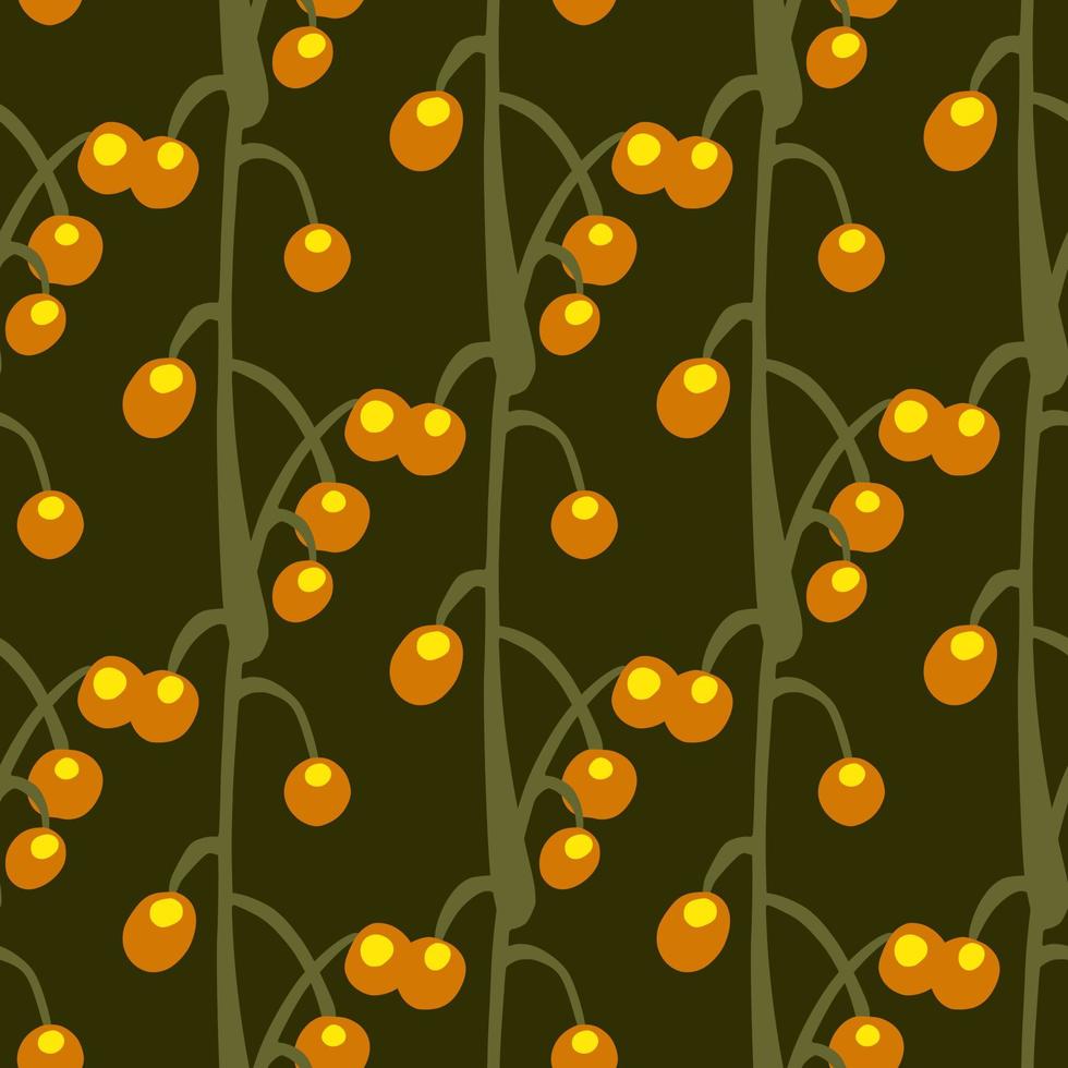 oranje bessen op takken naadloze doodle patroon. bruine donkere achtergrond. natuur achtergrond. vector