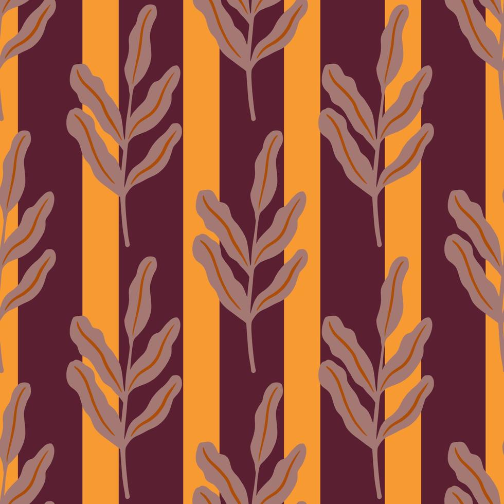 herfsttinten naadloos patroon met botanische bladeren op takkenprint. gestreepte kastanjebruin en oranje achtergrond. vector