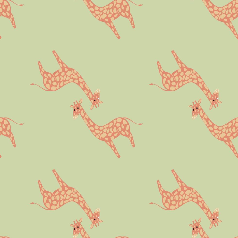 Afrika dieren naadloze patroon met beige doodle giraffe sieraad. groene pastelachtergrond. vector