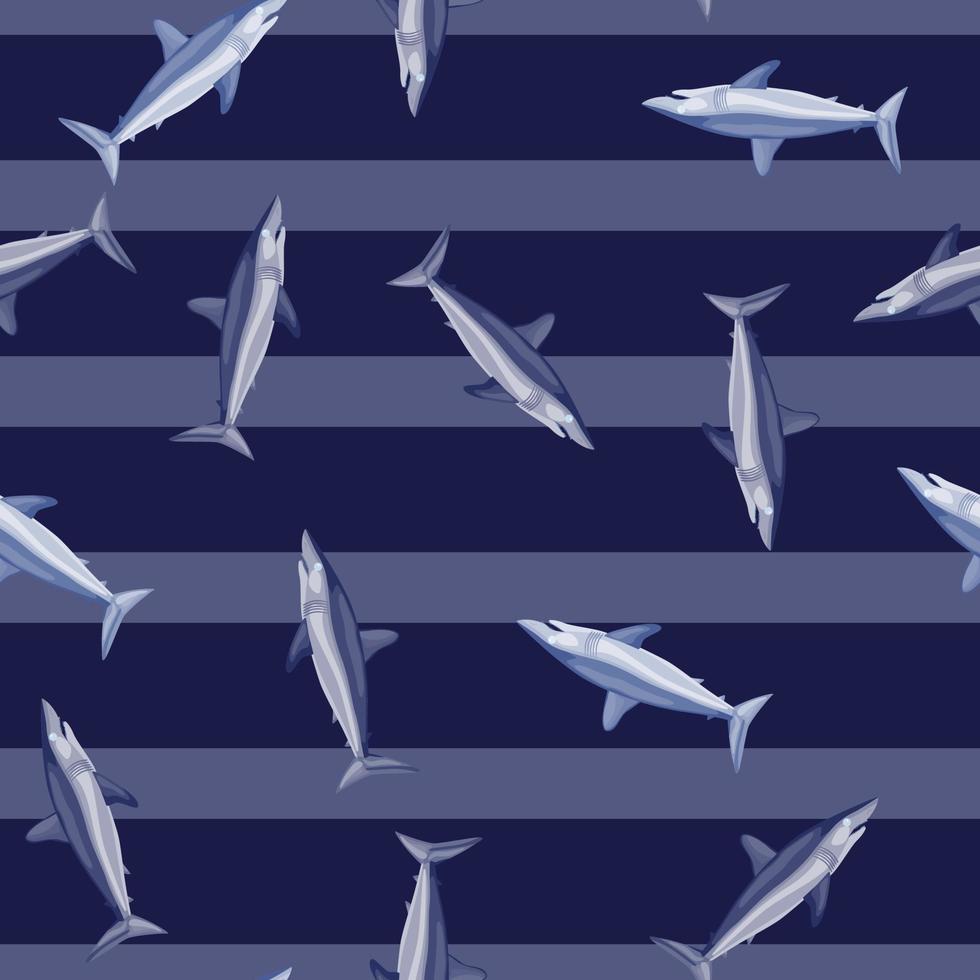 naadloze patroon haai mako op blauw gestreepte achtergrond. dierlijke sjablonen voor stof. vector