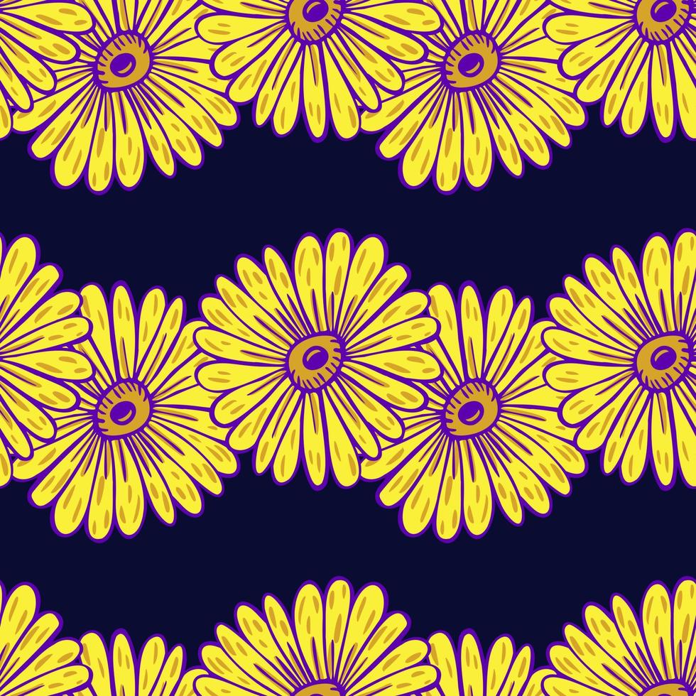 geel en paars gekleurde zonnebloem vormt naadloos patroon. natuurlijke print met donkere achtergrond. vector