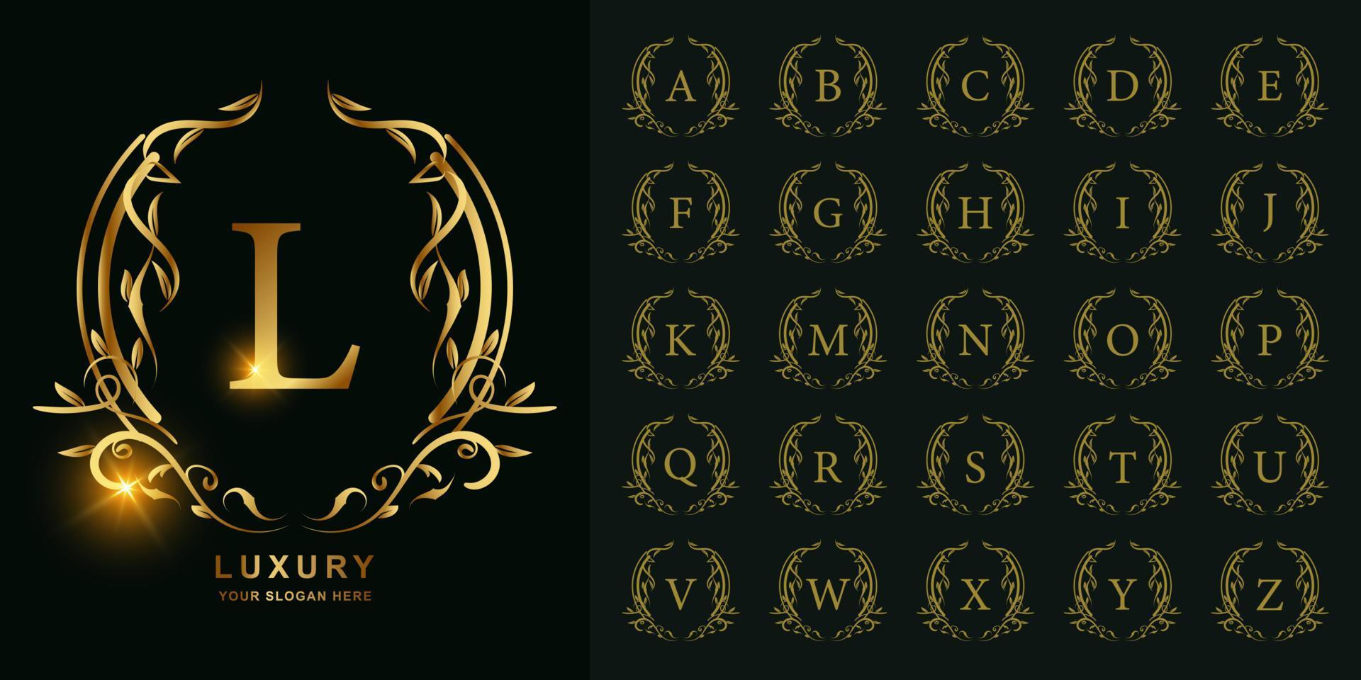 letter l of collectie eerste alfabet met luxe ornament bloemen frame gouden logo sjabloon. vector