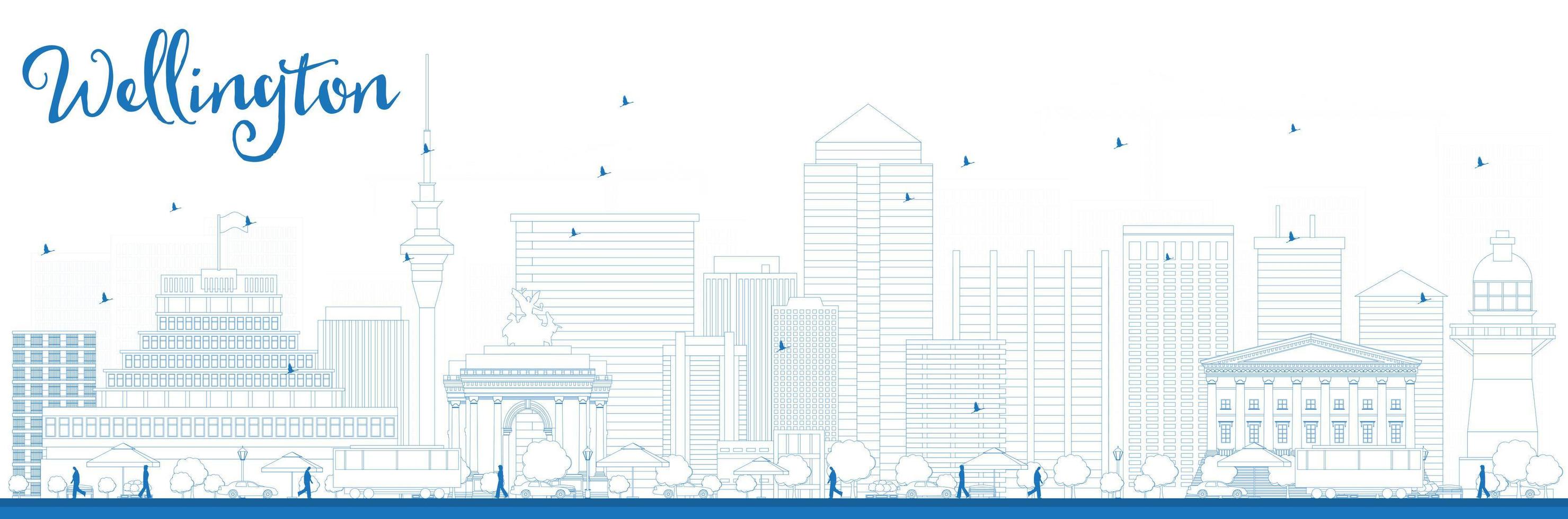 schets de skyline van Wellington met blauwe gebouwen. vector