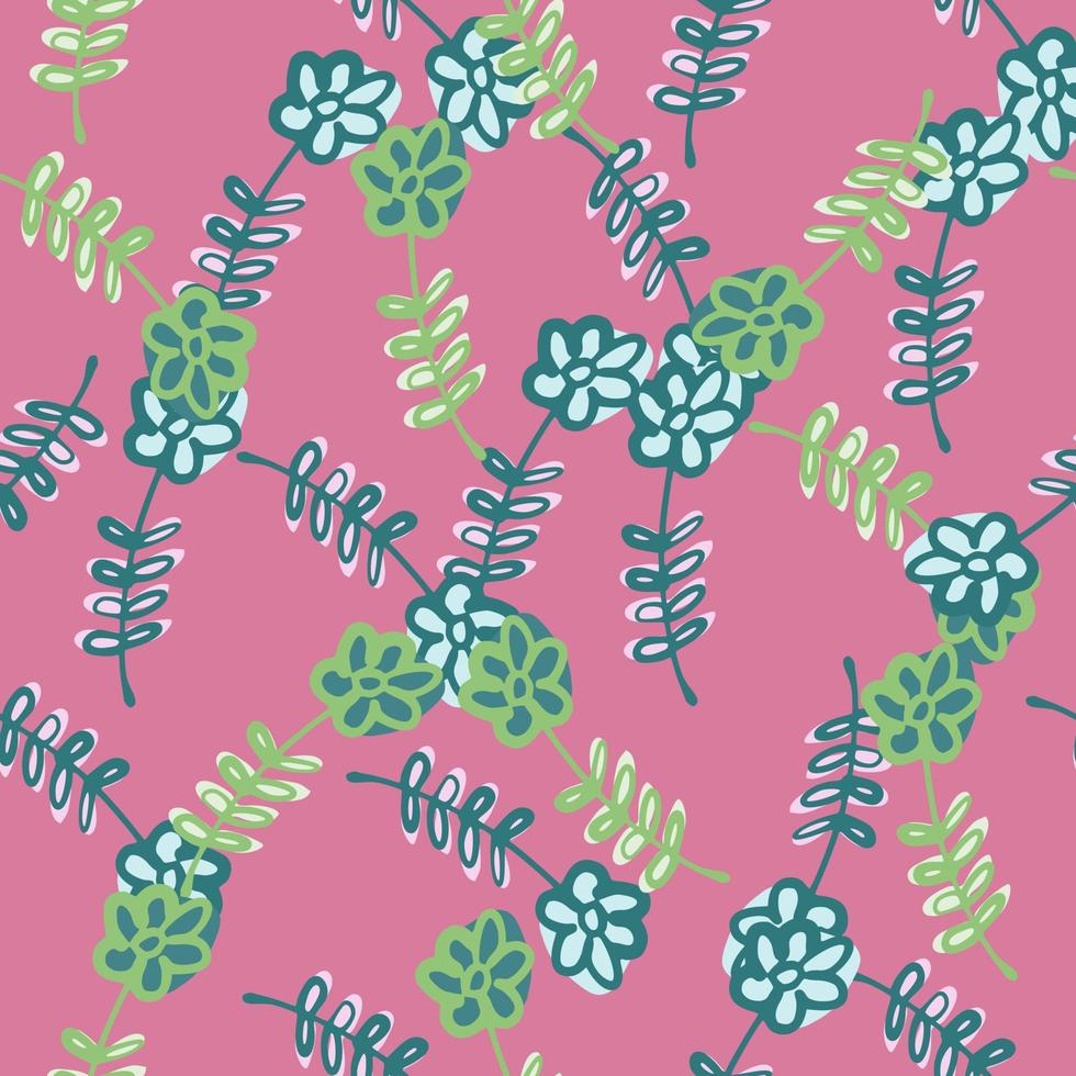 naadloos willekeurig patroon met groene voorgevormde bloemen silhouetten. roze achtergrond. vector