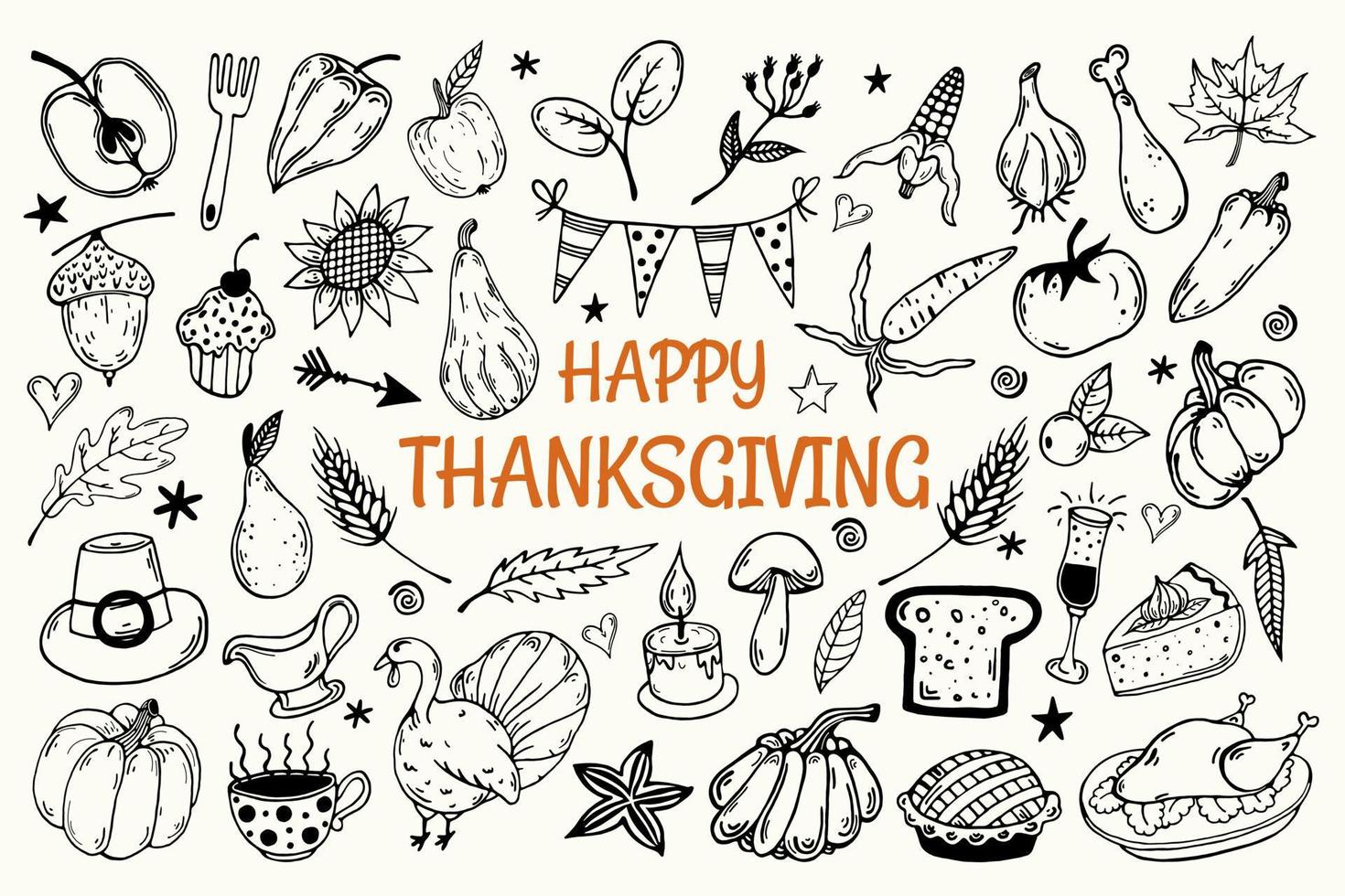 Thanksgiving dag ingesteld. verzameling van vector iconen geïsoleerd op een witte achtergrond. handgetekende doodles. feestelijke elementen overzicht. kalkoen, groenten, fruit. herfst oogst. traditionele voedselschets.