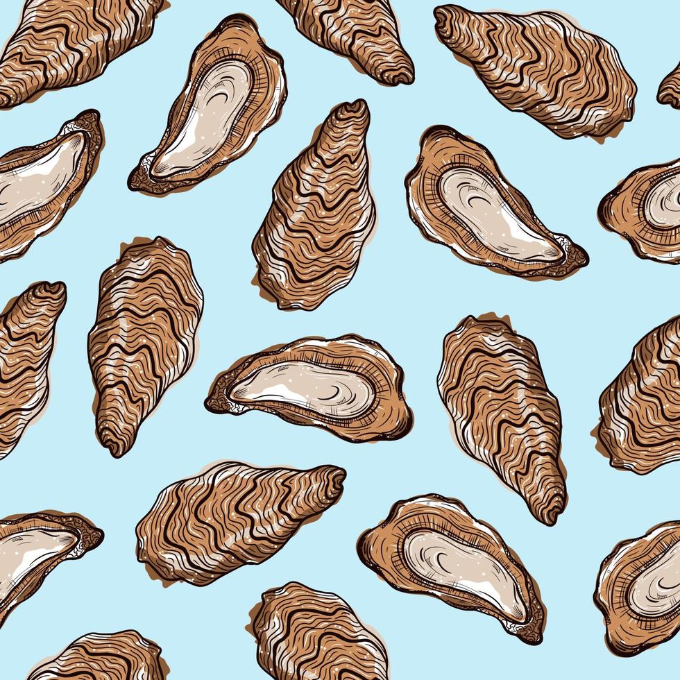 oesters naadloze vector patroon. open en gesloten schelpen van een eetbare clam op een lichte achtergrond. gekleurde schets van voedsel. een delicatesse van zeevruchten. handgetekende inkt illustratie. tweekleppige weekdieren.