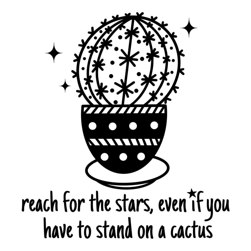 schattige cartoon cactus vectorillustratie. hand getekend zwart silhouet van een ingemaakte kamerplant. succulente installatie op een witte achtergrond. doodle, botanische schets. zeer fijne tekeningen van echinocactus. monochroom vector