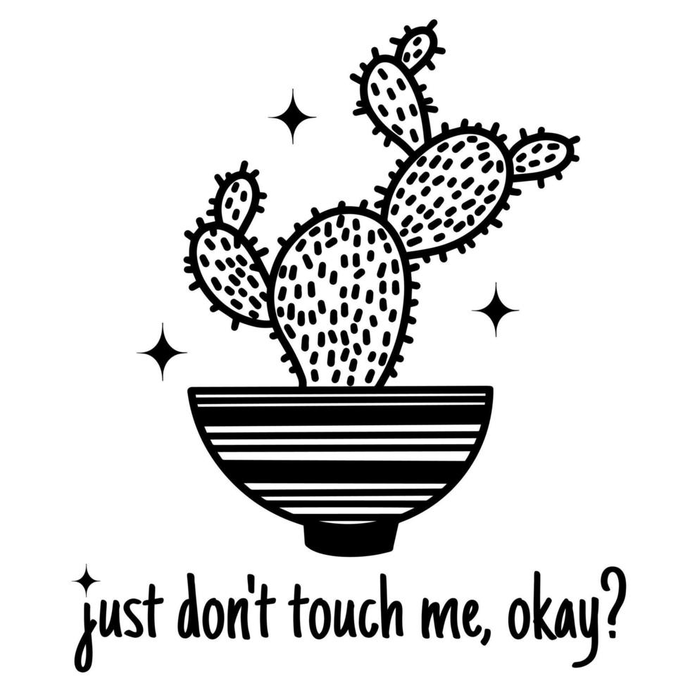 schattige cartoon cactus vectorillustratie. hand getekende zwarte omtrek van een potplant. succulente installatie op een witte achtergrond. doodle, botanische schets. lijntekeningen cactusvijg. afdrukken met tekst. monochroom vector