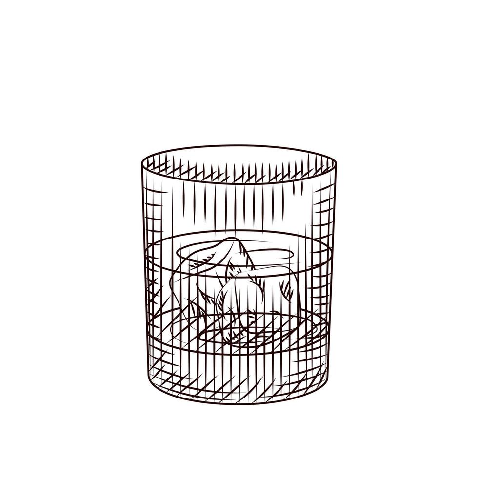 whiskyglas geïsoleerd op een witte achtergrond. handgetekende alcoholische cocktail met ijs in rotsenglas vector