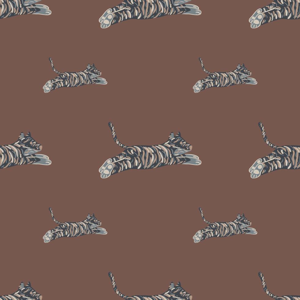 decoratief naadloos doodle patroon met hand getrokken grijze springende tijgers print. pastel bruine achtergrond. vector