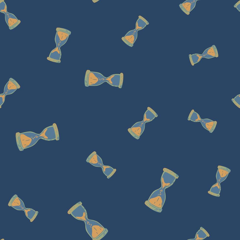 retro willekeurig naadloos patroon met oranje zandloperelementen. marineblauwe achtergrond. decoratieve afdruk. vector