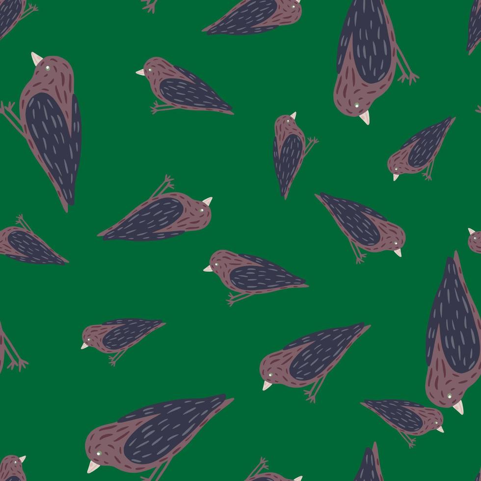 willekeurig naadloos patroon met paarse en marineblauwe gekleurde vogels print. groene achtergrond. vector