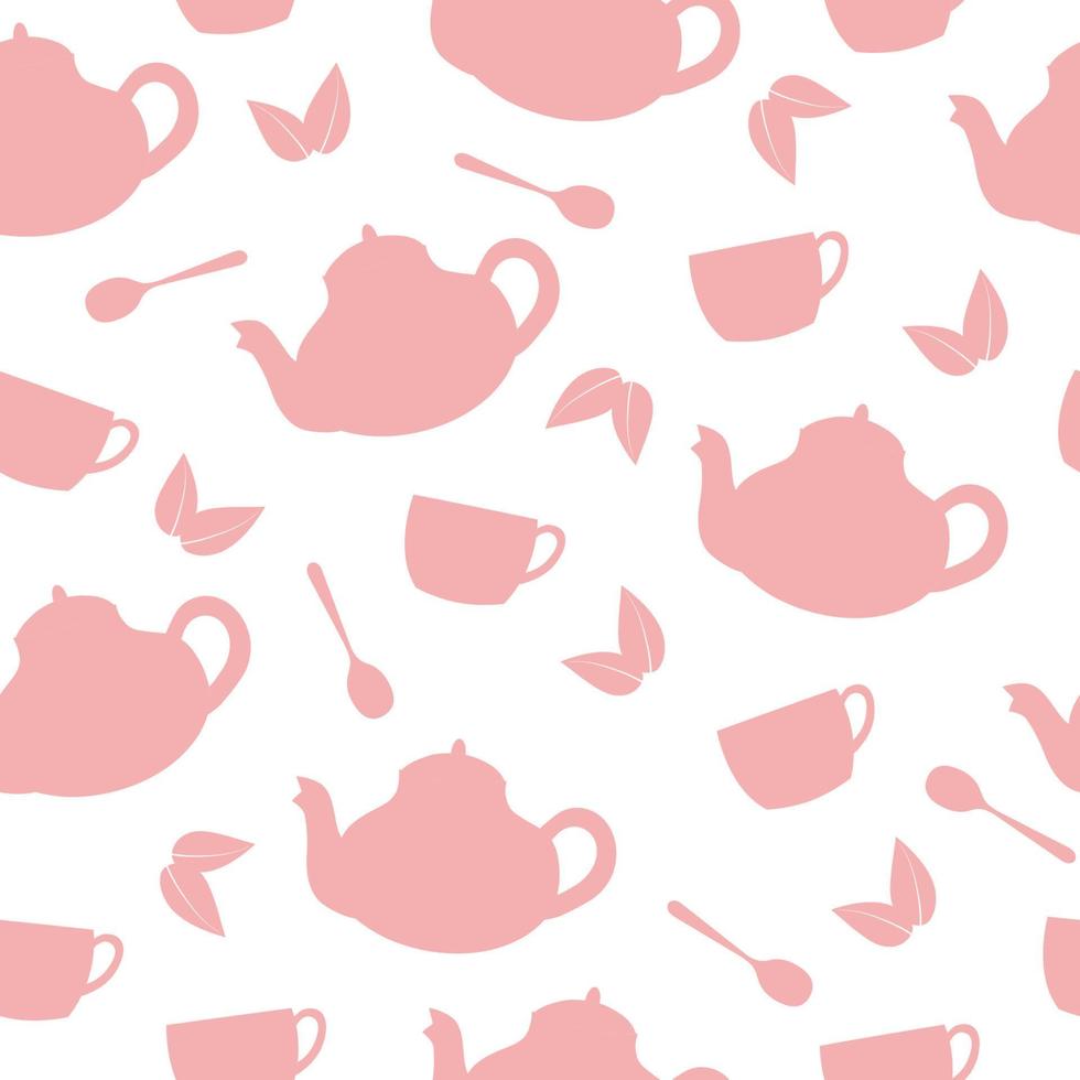 naadloze patroon van roze theepotten, kopjes, lepels en bladeren op een witte achtergrond. vector